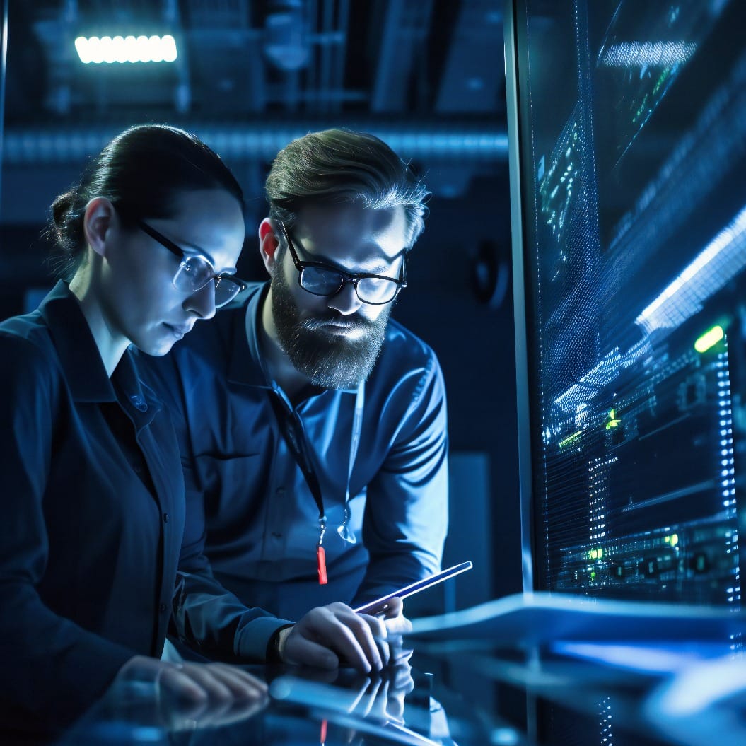 Male IT specialist and server technician analyze network security on cloud server